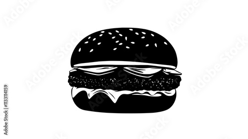 Single vegan burger with visible fillings, resting on a flat surface, Culinary Vector Graphic