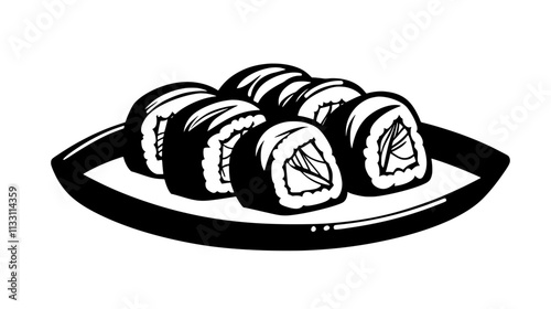 Sushi rolls sliced on a serving platter with visible seaweed and rice, Culinary Vector Graphic