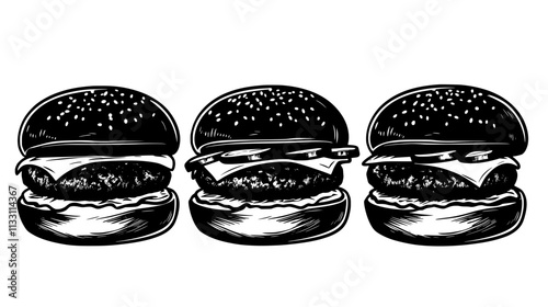 Beef sliders with cheese and pickles on mini buns, side by side, Culinary Vector Graphic