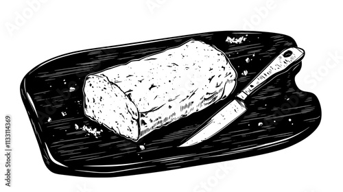 Top view of a goat cheese log on a wooden cutting board with crumbs around, Culinary Vector Graphic