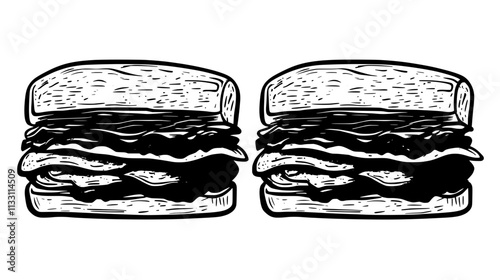 Two turkey club sandwiches placed side by side with layers of turkey and bacon, Culinary Vector Graphic