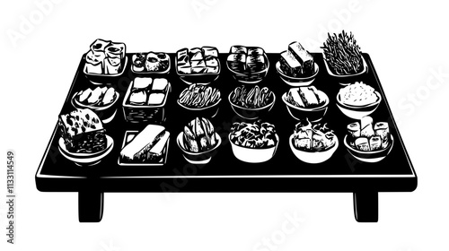 Small food items positioned in rows on square serving board, Culinary Vector Graphic