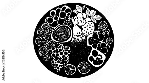 Different fruits symmetrically positioned on a round plate, Culinary Vector Graphic