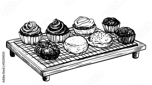 Various pastries lined up on a wire cooling rack over a wooden countertop, Culinary Vector Graphic