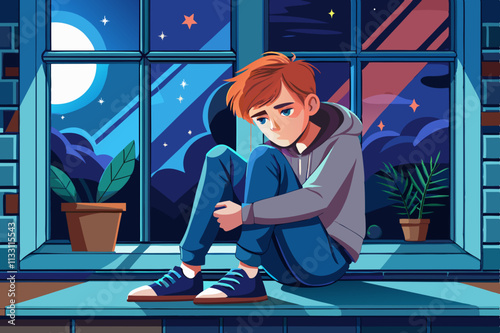 Sad teenager on the windowsill inside