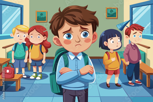 lonely and sad schoolboy cries while all his classmates ignored him. Concept of bullying