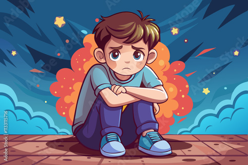 Young boy sitting alone with a sad feeling at school. discrimination and racism 