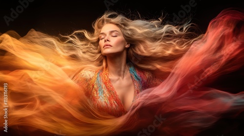 An elegant figure enveloped in colorful, flowing fabrics, capturing a sense of freedom and dynamic movement, with an artistic flair and vibrant allure. photo