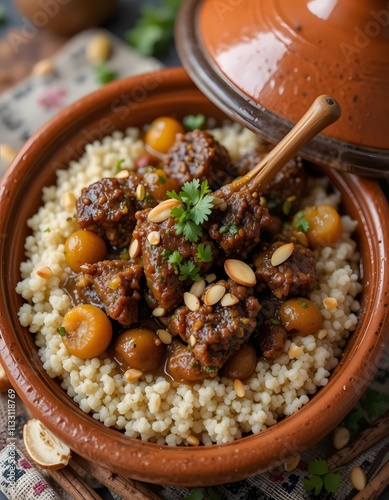 Tagine with Slow-Cooked Lamb, Spices, Dried Apricots, and Couscous Created with Generative AI