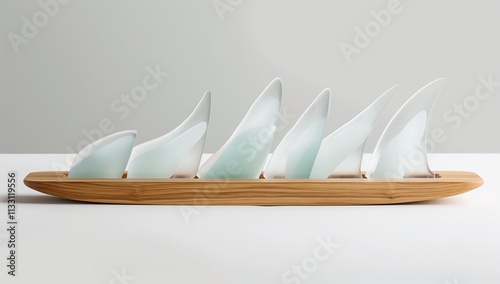 A minimalist product design of an ash wood and white frosted glass tray with six surfboard-shaped plates. photo