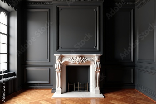 Elegant Living Room with Classic Fireplace and Dark Grey Walls, Perfect for Cozy and Luxurious Home Decor