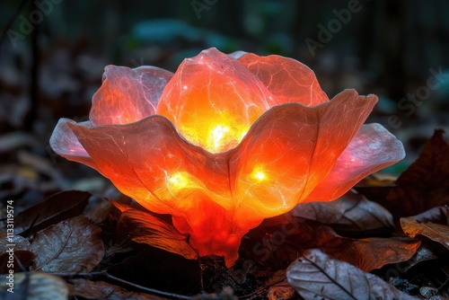 Glowing translucent flower illuminated from within, nestled among autumn leaves in a dark forest. photo