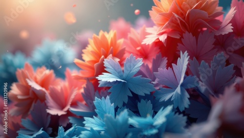 Colorful abstract foliage with vibrant pink and blue leaves, artistic composition, floral design, copy space