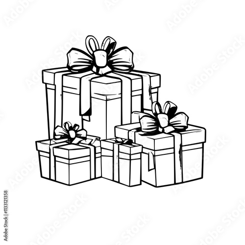  Black and white illustration  of stack of four wrapped gifts.