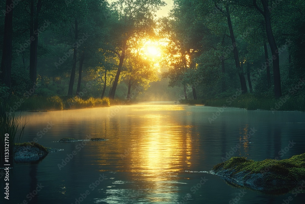 Sunrise paints a golden path across a tranquil river flowing through a lush, misty forest. Sunrise paints a golden path across a tranquil river flowing through a lush, misty forest.