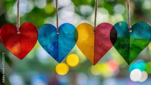 Colorful heart decorations hanging, showcasing vibrant hues against a blurred background. photo