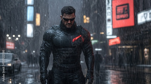 Cyberpunk Soldier in Neon Armor in Rainy Cityscape