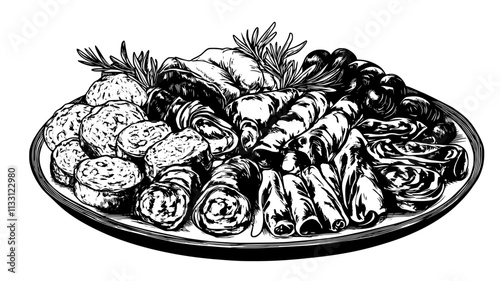 Assortment of cured meats positioned symmetrically on a large dish, Food Digital Art