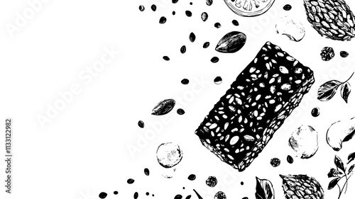 Energy bar with grains, seeds, and nuts beside scattered ingredients, Food Digital Art