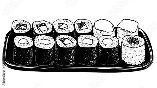 Assorted sushi rolls on a wooden board with visible fillings and toppings, Food Digital Art