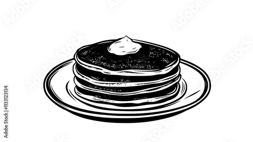 Breakfast table with a stack of buttermilk pancakes on a white plate, Food Digital Art