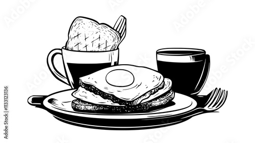 Breakfast table with an egg and cheese sandwich placed in the center, Food Digital Art