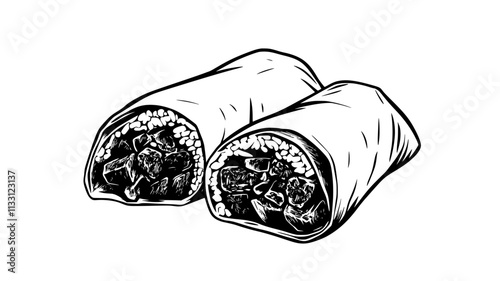 Burrito cut in half, showing even distribution of meat, rice, and fillings, Food Digital Art