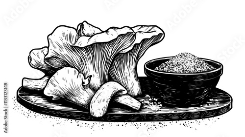 Chanterelle mushrooms displayed next to a small bowl of seasoning on a board, Food Digital Art