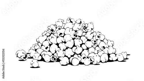 Buttered popcorn spread out, showing popped kernels without seasoning, Food Digital Art