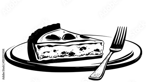 Close-up of quiche slice on a plate with visible layers and a fork nearby, Food Digital Art