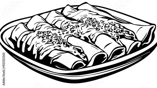 Close-up of enchiladas showing the texture of the tortillas and sauce, served on a plain dish, Food Digital Art