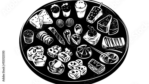 Collection of different finger foods carefully arranged on round dish, Food Digital Art