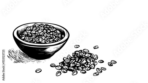 Granola spread out on a flat surface beside a bowl filled with granola, Food Digital Art