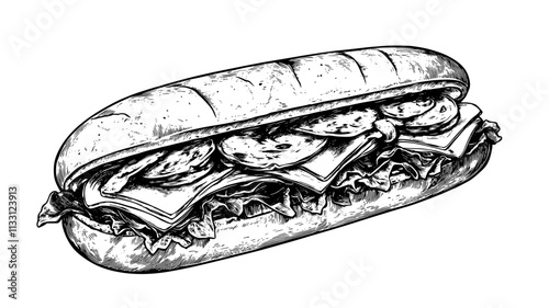 Large sub sandwich resting on a surface, filled with various ingredients, Food Digital Art