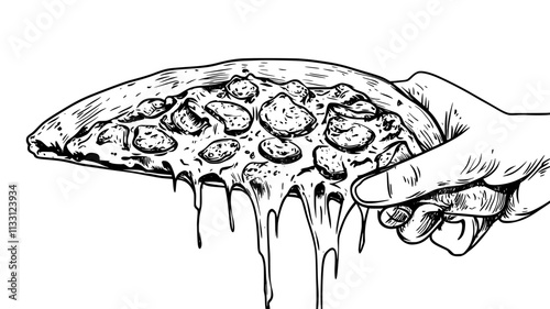 Meat lovers pizza slice being held up to show the crust and meat toppings, Food Digital Art