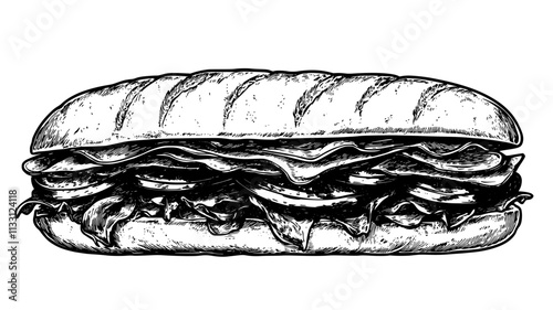 Overhead view of Italian sub sandwich with visible layers of deli meat and vegetables, Food Digital Art
