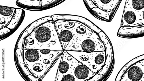 Pepperoni pizza with evenly spaced pepperoni slices covering the surface, Food Digital Art