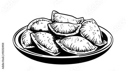 Pile of beef empanadas on a round plate, ready to serve, Food Digital Art