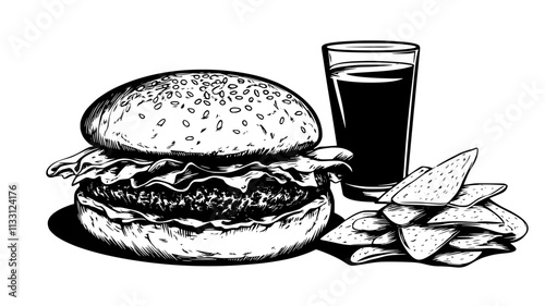 Plant-based patty with lettuce, tomato, and pickles on a bun with chips, Food Digital Art