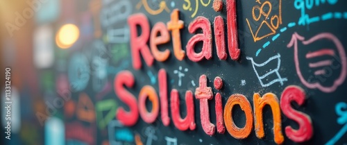 The image features a dynamic chalkboard with the words Retail Solutions boldly displayed in vibrant colors, surrounded by playful doodles and icons. This lively scene captures the essence of