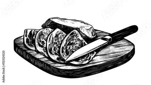 Prosciutto slices resting on a wooden board next to a knife, Food Digital Art