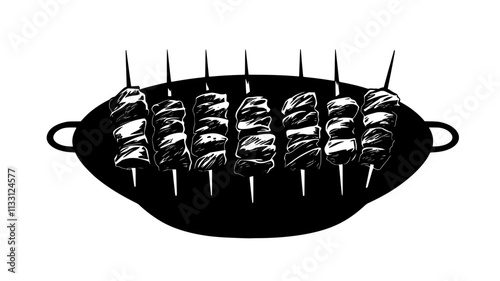 Series of beef kebabs on a grill, turned at identical angles, Food Digital Art