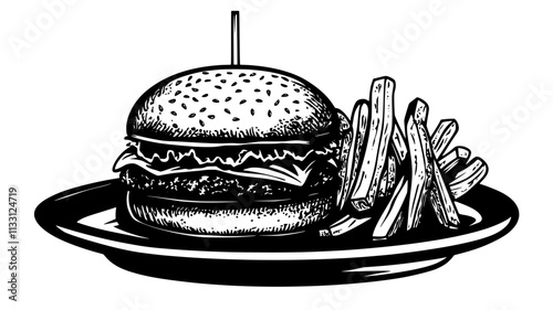 Single burger with fries arranged neatly on a plate, Food Digital Art