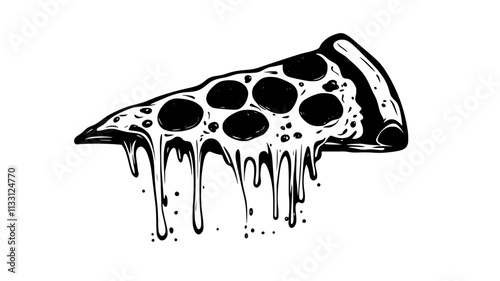Single slice of pepperoni pizza being pulled away, revealing melted cheese, Food Digital Art