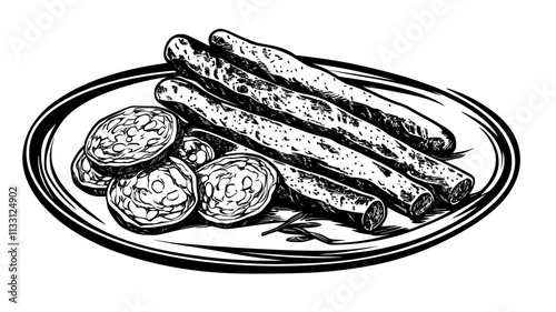 Sliced salami placed neatly beside breadsticks on a platter, Food Digital Art