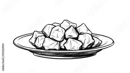 Small pile of nuggets on a white plate, arranged neatly, Food Digital Art