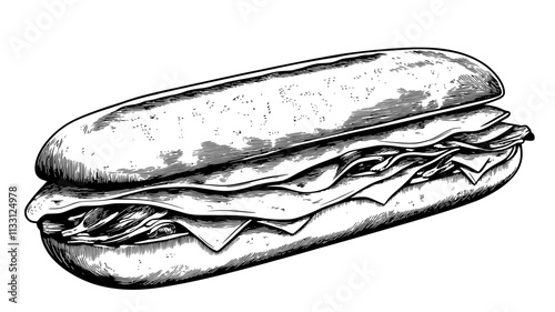 Sub sandwich with visible layers of meat and cheese, lying flat on a plain surface, Food Digital Art