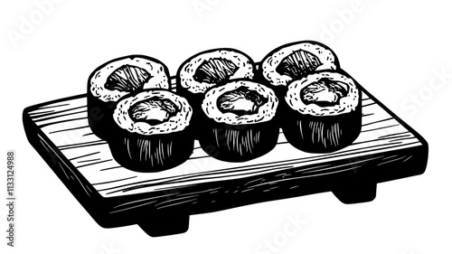 Sushi rolls sliced on a serving platter with visible seaweed and rice, Food Digital Art