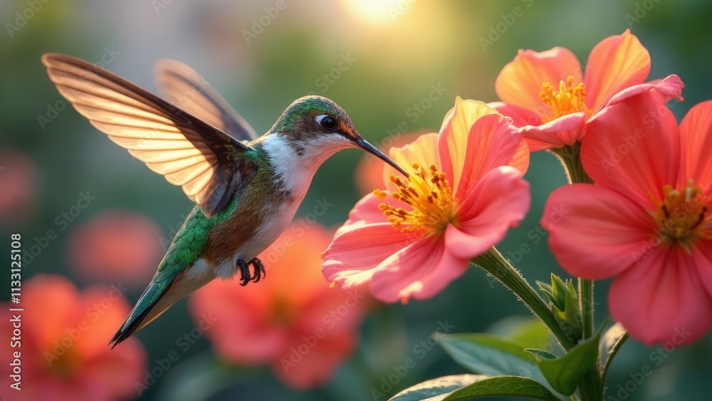 Obraz premium Colorful hummingbird feeding on vibrant pink flowers, joyful moment, natural setting, copy space