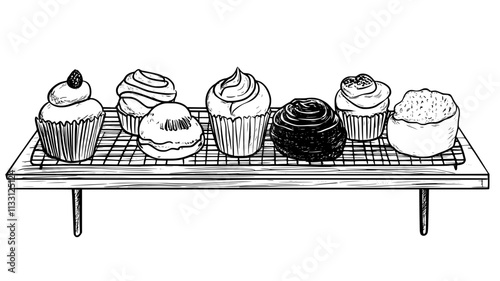 Various pastries lined up on a wire cooling rack over a wooden countertop, Food Digital Art